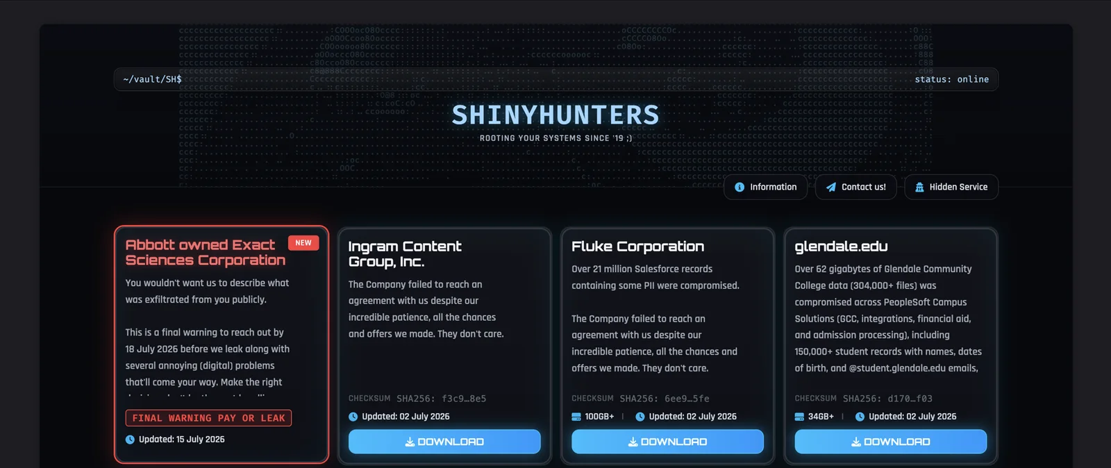 Sitio de filtraciones de ShinyHunters en la dark web, con víctimas publicadas y enlaces de descarga de las bases de datos robadas